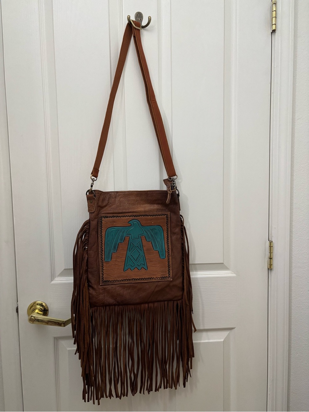American Darling Leather Thunderbird Fringe Bag Brown Turquoise Western